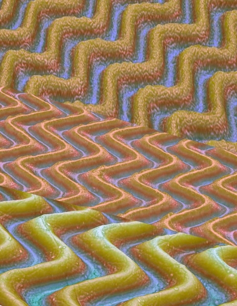 Images taken with a 3-D microscope show wrinkled surfaces produced using a method developed by the MIT team. The size, spacing and angles of the wrinkles vary depending on how much the original underlying surface was stretched, and how the stretching was released.