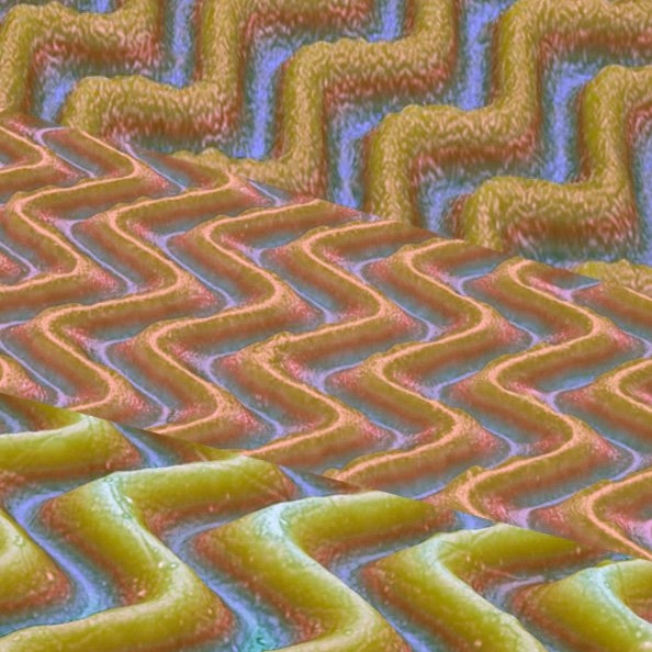 Images taken with a 3-D microscope show wrinkled surfaces produced using a method developed by the MIT team. The size, spacing and angles of the wrinkles vary depending on how much the original underlying surface was stretched, and how the stretching was released.