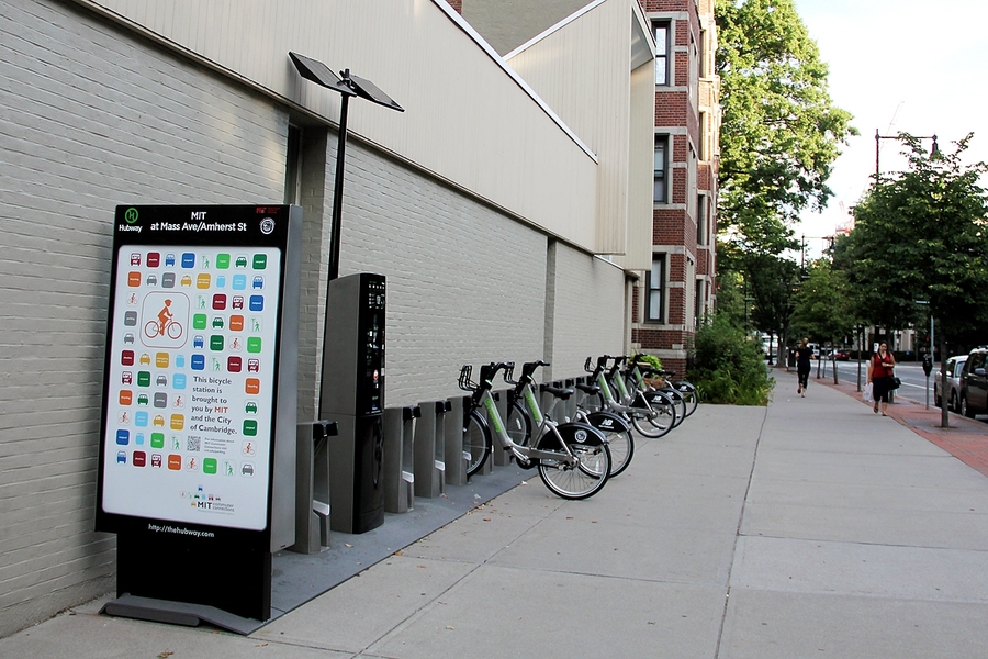 The new Hubway bicycle-sharing station outside of Building W11 on Massachusetts Avenue.