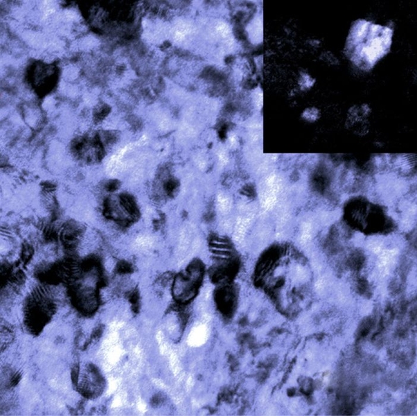 A transition electron microscope image of the structure of the new tungsten-titanium alloy, after being exposed to a high temperature of 1,100 degrees Celsius for a week. The image shows that the alloy retains its nanocrystalline structure even after this heat treatment.