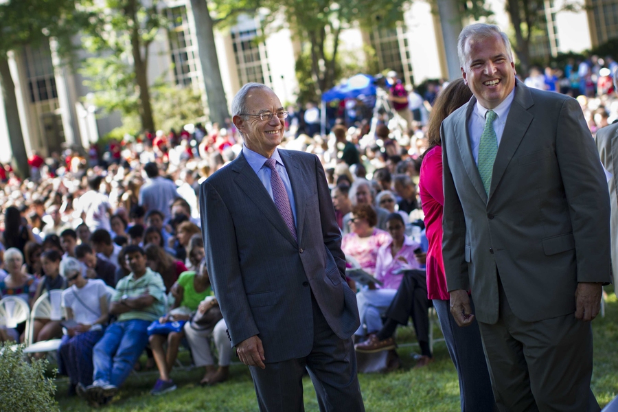 President L. Rafael Reif, left, and Provost Chris Kaiser await the beginning of the Freshman Convocation for the Class of 2016 on Monday, Aug. 27.