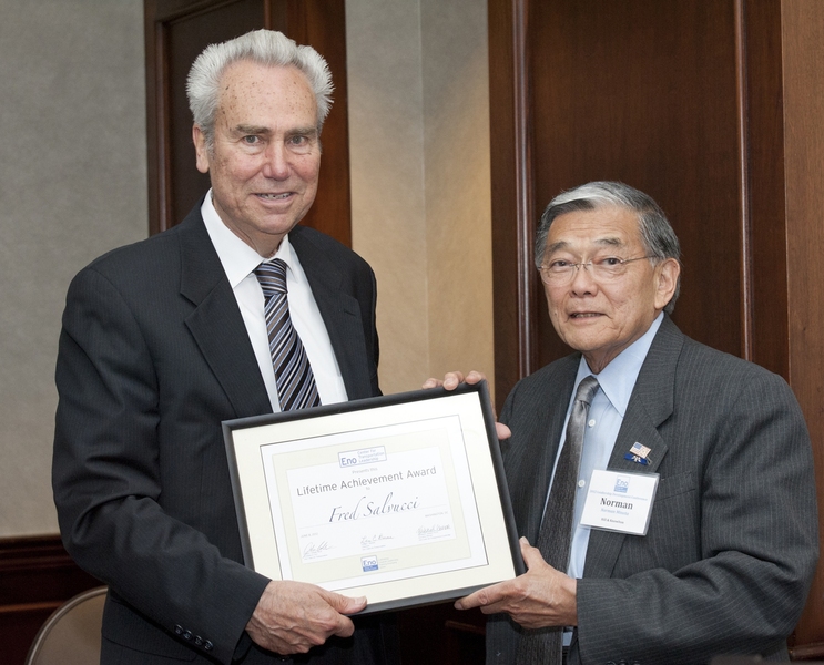 Fred Salvucci with former U.S. Department of Transportation Secretary Norman Mineta at the Eno Leadership Development Program dinner honoring Salvucci.