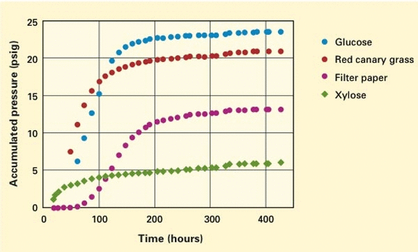 These curves show how quickly anaerobic gut fungi grow on various substrates. (The growing fungi generate gaseous byproducts that increase pressure inside the closed test tube. Accumulated pressure is therefore an indicator of growth rate.) As expected, growth is fastest on easy-to-digest glucose and slowest on xylose, a precursor to hemicellulose found in tough plant walls. Analysis of these cult...