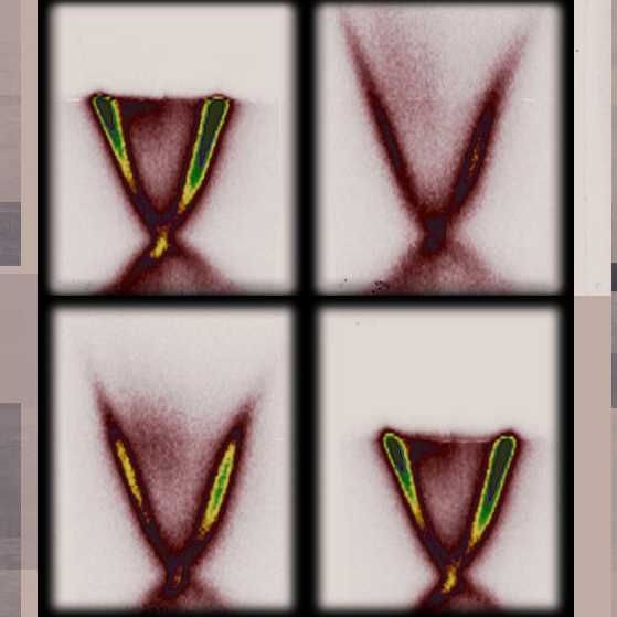 Three-dimensional graphical representations of the way electrons respond to an input of energy, delivered by a pulse of laser light. The horizontal axis represents the electrons' momentum, and the vertical axis shows their energy. The time sequence runs from top left to bottom right, and the laser pulse arrives just before the second image, causing a sudden burst of higher energy levels.
