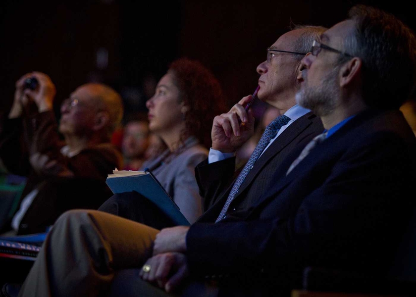 Reif &#8212; who will deliver his inaugural address during a ceremony on Friday &#8212; listens in during the presentations. Reif also delivered closing remarks to end the symposium.