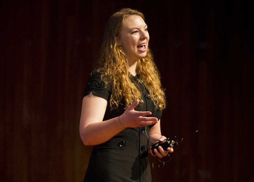 Besides faculty and staff, students had the opportunity to make elevator-pitch presentations. Here, Department of Mechanical Engineering graduate student Melinda Hale delivers her pitch.
