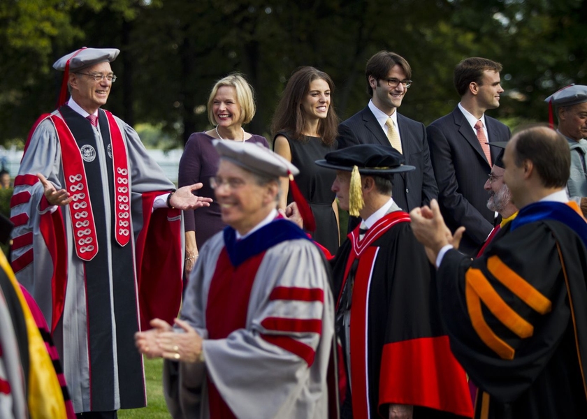 MIT's 17th President, L. Rafael Reif, gets prepared in Gray House prior to the inauguration ceremony.
