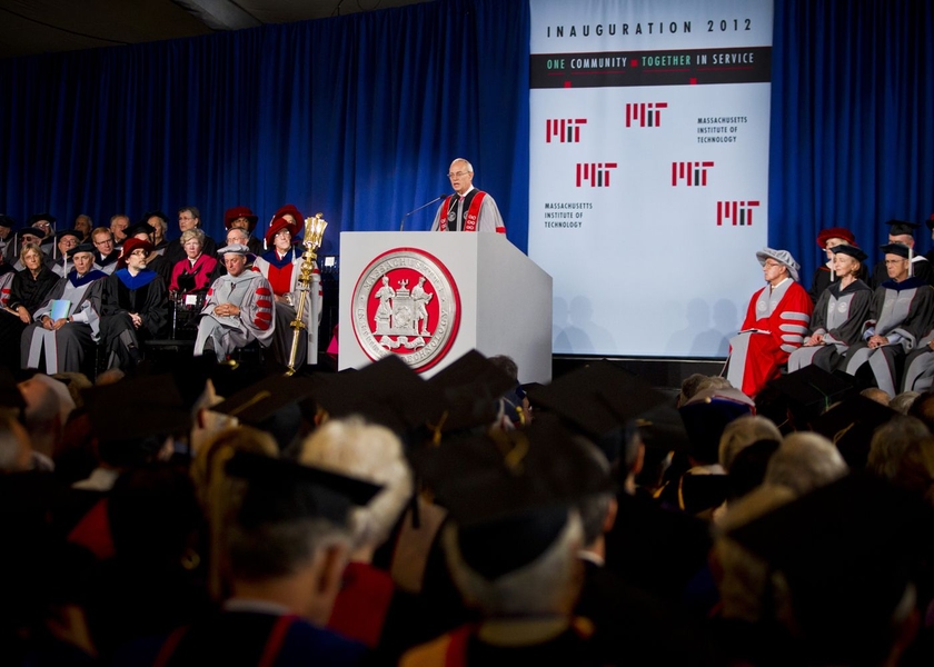 After the investiture, Reif addressed the crowd of alumni, students, faculty, staff and friends of MIT gathered under a tent on Killian Court.