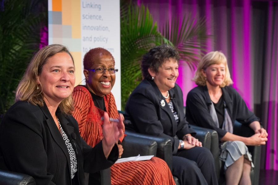 Panelists for a discussion of mentorship and education were, from left to right, Carter Wall, of Broadway Renewable Strategies;  Lilia Abron, president and CEO of PEER Consultants; Deborah Yerkes, executive director of Ohio Energy Project; and Amanda Evans, director of the Center of Excellence for Green Building and Energy Efficiency at Santa Fe Community College.
