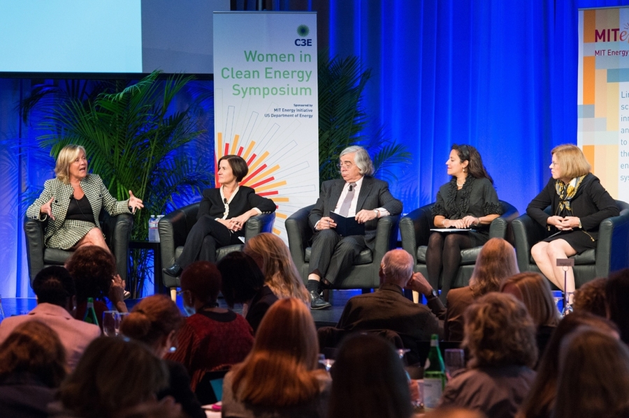 In a panel discussion at the Women in Clean Energy Symposium, the speakers were, from left, Kateri Callahan, president of the Alliance to Save Energy; Dian Grueneich, of Dian Grueneich Consulting; MIT Energy Initiative director Ernest Moniz; Lisa Epifani, partner in Van Ness Feldman; and Mary Anne Sullivan, partner in Hogan Lovells.