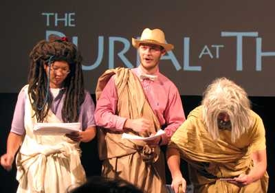 In the MIT LGO student production of "Antigone" for a class on leadership, Rastafarian Brian Chang and Southern preacher Robbie Harris debate ethics and leadership with Kreon (Jeremy Giese, far right).