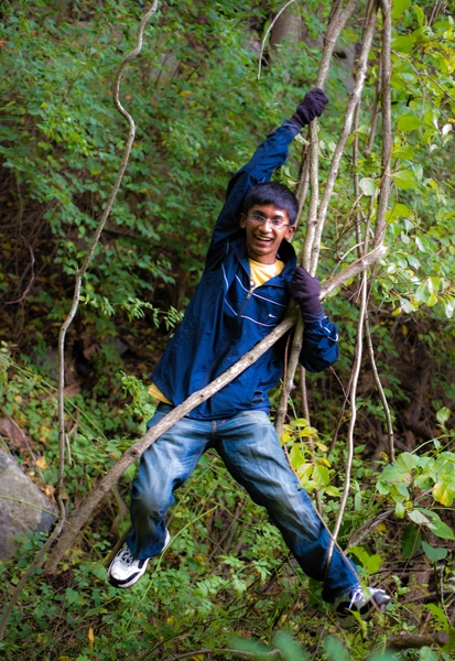 Freshman Pratheek Nagaraj gets a little carried away at the Arboretum.