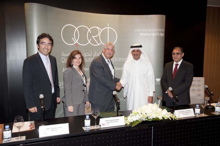 The official signing ceremony for the new research collaboration between CSAIL and QCRI. From left to right: Abdellatif Saoudi, managing director, QCRI; Daniela Rus, director, CSAIL; Philip Khoury, Associate Provost, MIT; Faisal Al Suwaidi, president of research and development, Qatar Foundation; Ahmed Elmagarmid, executive director QCRI.