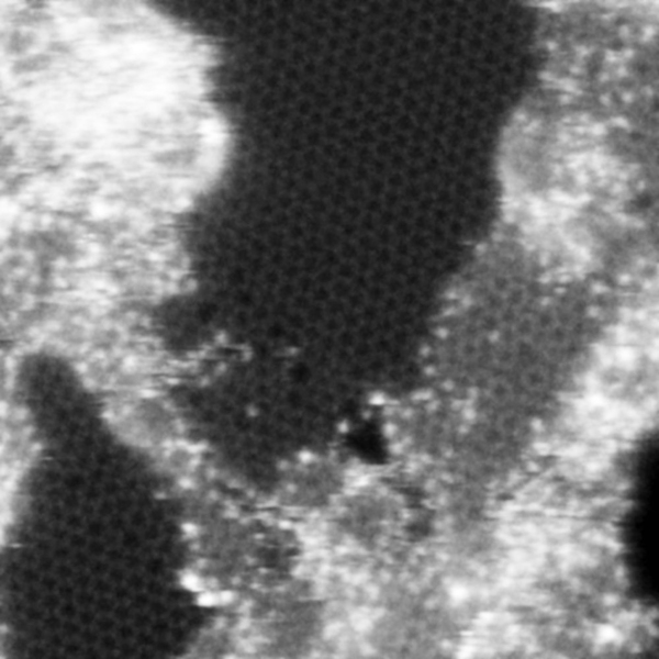 Another high-resolution scanning transmission electron microscope image taken at Oak Ridge National Laboratory showing a small hole in the graphene (small black region slightly below the center). The image is 8 nm by 8 nm, meaning that the hole is 0.5 nm in diameter. In this image the honeycomb structure of graphene lattice is clearly seen.