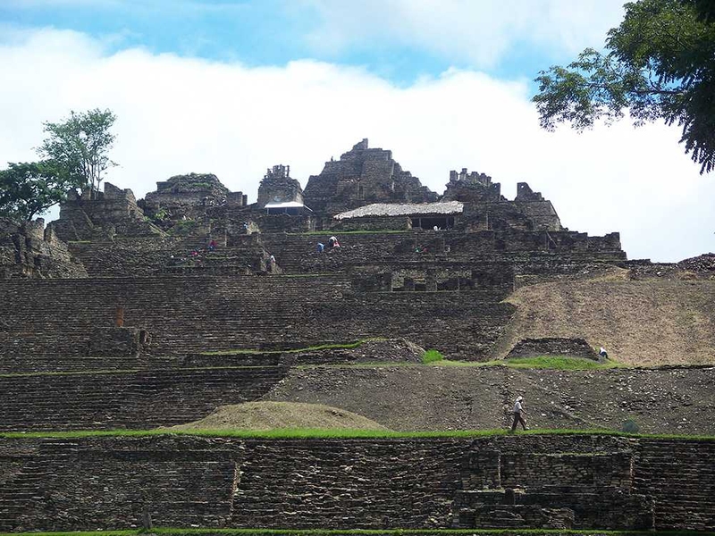 Another view of the terraced pyramid at Toniná. The people working here are locals working to restore the pyramid.