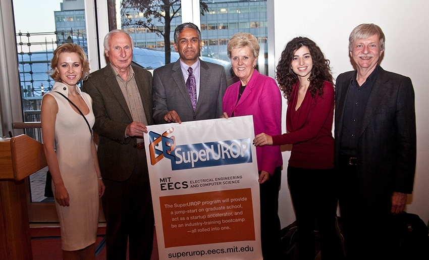 At the reception, Department of Electrical Engineering and Computer Science Head Anantha Chandrakasan introduced some of the key players in the implementation of SuperUROP. The speakers, from left to right, included Dr. Erika N. Angle '04, who with her husband, Colin A. Angle '89, SM '91 (not pictured), support SuperUROP; Analog Devices Chairman and Co-Founder, Ray Stata '57, SM '58; Chandrakasan...