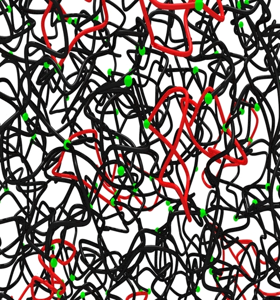 In this simulation of a polymer network, the red segments represent polymers that have looped onto themselves.