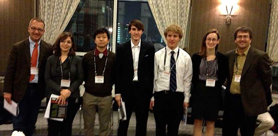 From left to right: Professor Cary Forest, University of Wisconsin, 2012 Chair of DPP; Victoria Winters; four other student award winners; Professor Paul Miller of West Virginia University, the APS-DPP Sub-Committee Chair for Education and Outreach.
