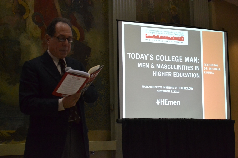 Dr. Michael Kimmel read excerpts from his book 'Guyland' to explain his views and observations regarding men and what they experience in college.