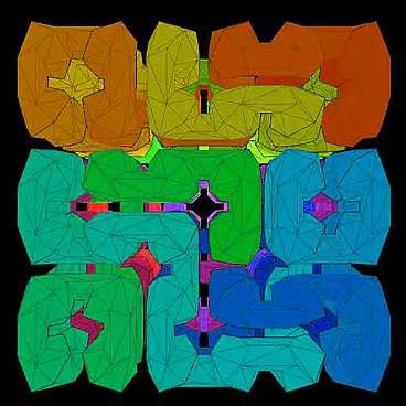 Still image from a computer simulation showing how a string of shapes can fold itself up into an arbitrary shape.