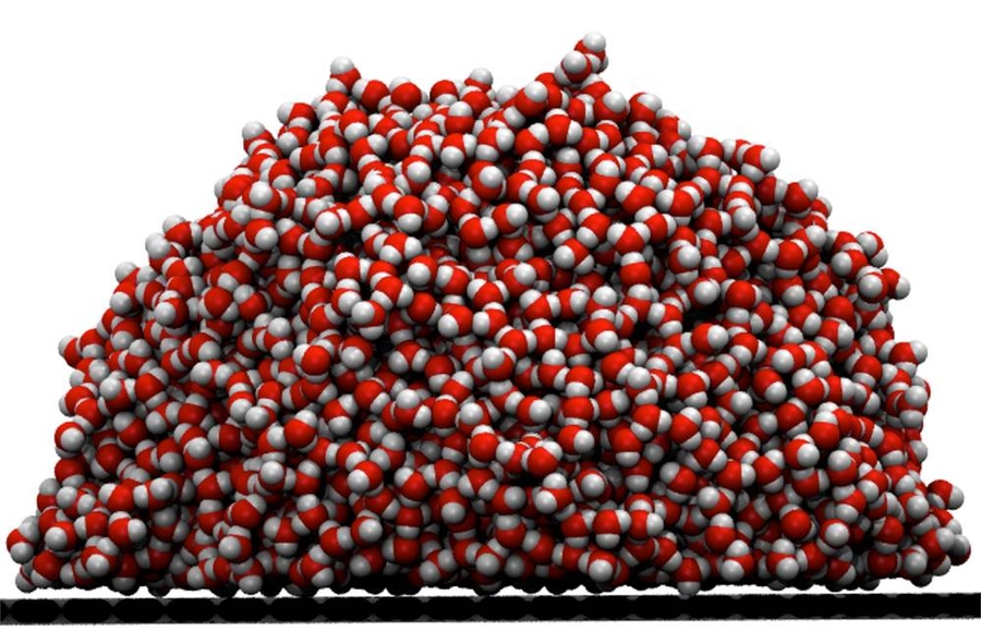 A simulated water droplet on a sheet of suspended graphene.