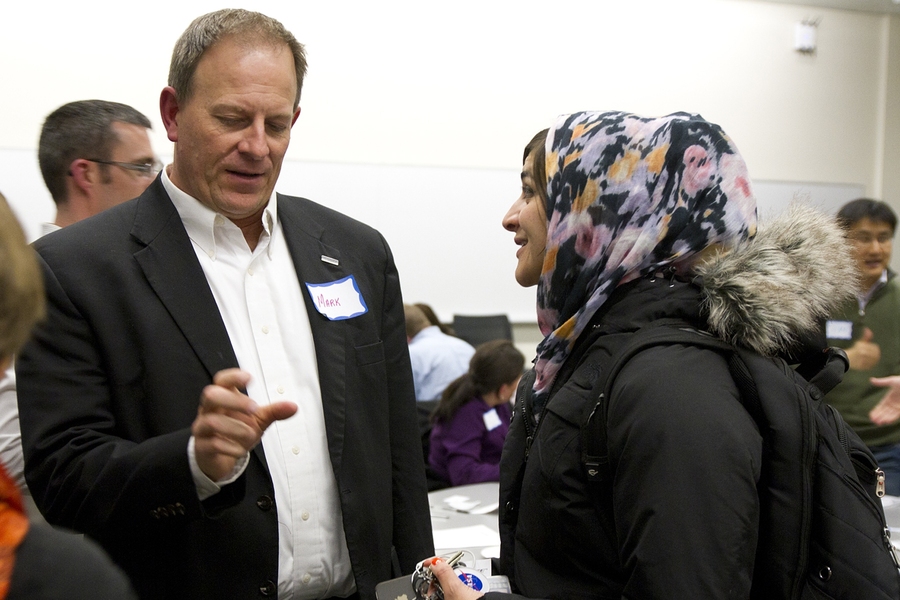 Layla Shaikley, a graduate student in architecture, meets with Mark Dukeshire of the Bose Automotive Systems Division. Shaikley is part of a team working to develop the means for people to report crime more easily so that fellow citizens can respond quickly through an open-source platform.