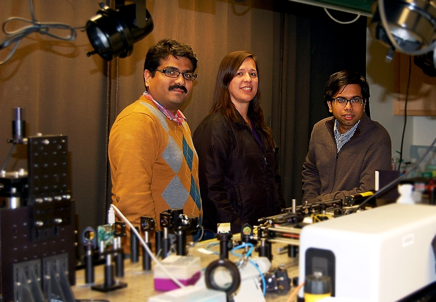 From left to right, MIT postdocs Narahara Chari Dingari, Jaqueline Soares and Ishan Barman.