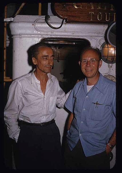 Jacques Cousteau and 'Doc' Edgerton aboard the French ocean explorer's boat, Calypso.