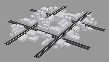 Illustration of a city block in which the crossing streets look like a hashtag