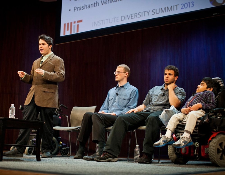 Students and a recent alumnus spoke in a panel discussion on 'disability as an aspect of diversity.' From left, Joshua Frisch '15, graduate student David Hayden, Benjamin Jones '13 and Prashanth Venkataram '14. Not seen is Ian Smith, who graduated in 2010.