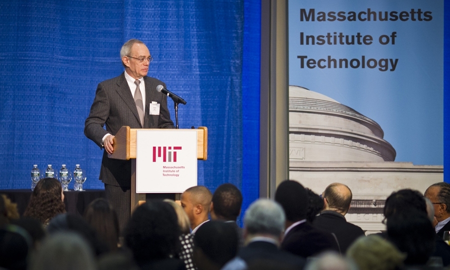 MIT President L. Rafael Reif delivered remarks on meritocracy and introduced the event's keynote speaker, Paula Williams Madison.