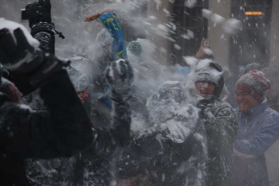 A student-organized snowball fight broke out on Killian Court on Saturday after the height of the storm had passed.