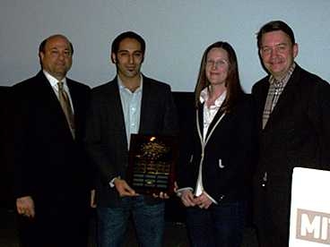 Joseph Martore (left) with Martore Award recipients Vivek Sakhrani and Rebecca Saari, who accepted the award on behalf of ESS from Associate Professor Olivier de Weck (right).