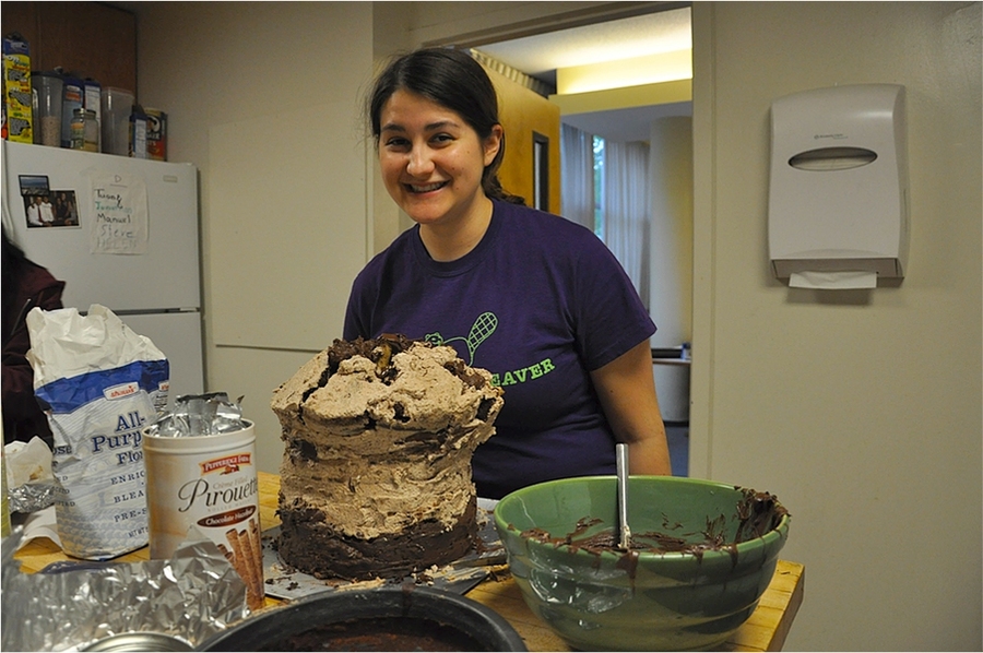 Every year, Simmons bakes a 10-layer cake from scratch for her dorm. Her first attempt toppled sideways, but Simmons has since engineered a structurally sound pastry. "Pepperidge Farm pirouette cookies are actually very good reinforcement,” she says.