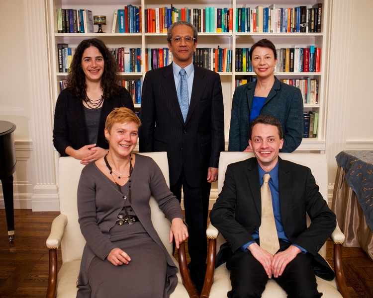The 2013 MacVicar Faculty Fellows with Dean for Undergraduate Education Daniel Hastings (back row, center). Front row: Linda Griffith and Rob Miller. Back row: Laura Schulz, Hastings and Emma Teng.