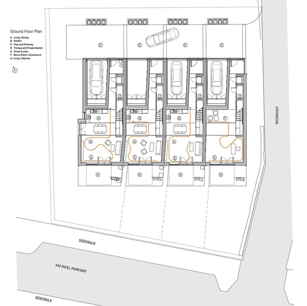 The simple, open Soft House floor plan provides flexible space for living and working. Plumbing cores are designed to let homeowners choose the number of bedrooms and the kitchen location they prefer. A separate entry off the garden level supports work/office activities on the ground floor, and the garage space can be used as a workshop area.