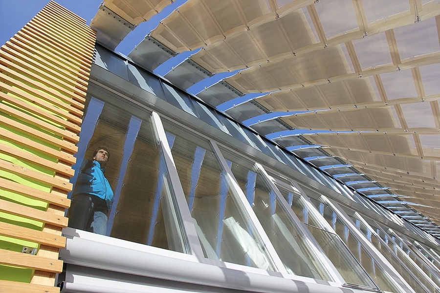 A close-up view of the solar façade.