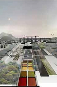 The Estuarine Power Machine is an engineered landscape nested within the Nervion River Valley. Resembling a public park with a new, dense urban edge, the machine uses its intertidal position in the river to perform all of the region's massive hydrological infrastructure needs.