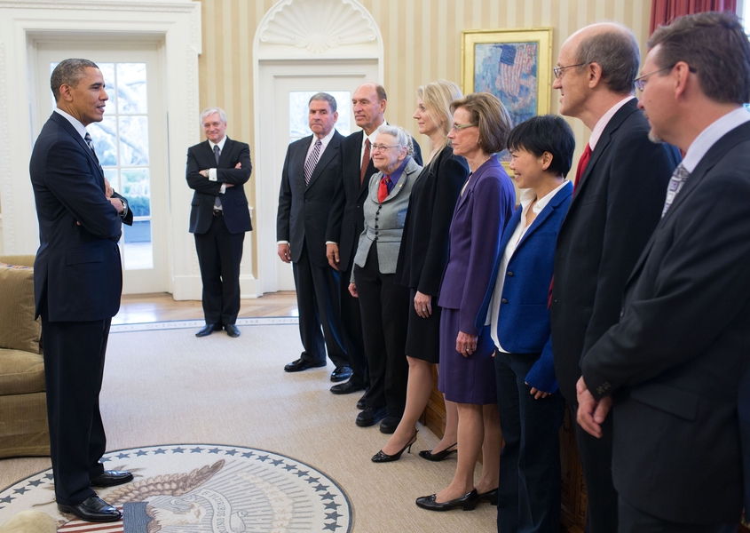 President Barack Obama greets the 2012 U.S. Kavli Prize winners in the Oval Office on March 28, including MIT's Mildred Dresselhaus (in gray jacket), Ann Graybiel (in purple suit) and Jane Luu (in blue jacket).
