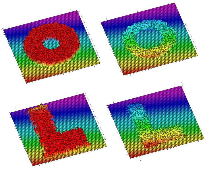 At left, metallized DNA (red) forms letters on a graphene surface. Treatment with oxygen plasma etches the shape of the letters into the graphene, right.