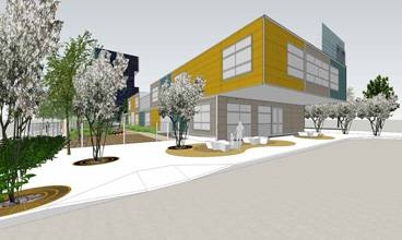 Conceptual rendering of the entrance to The David H. Koch Childcare Center.