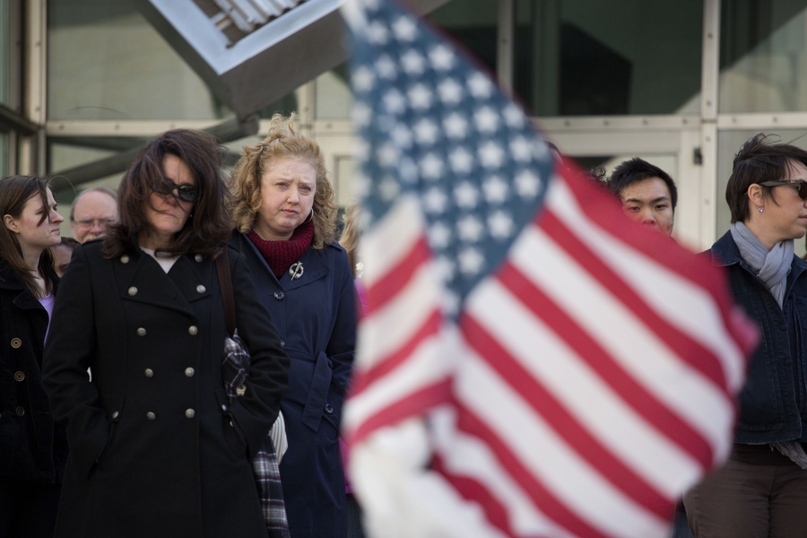 The chain began at the memorial to Collier outside of MIT's Stata Center.