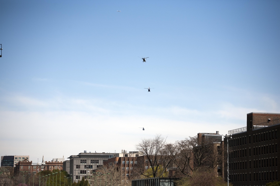 A ceremonial flyover involving four helicopters took place near the end of the memorial.