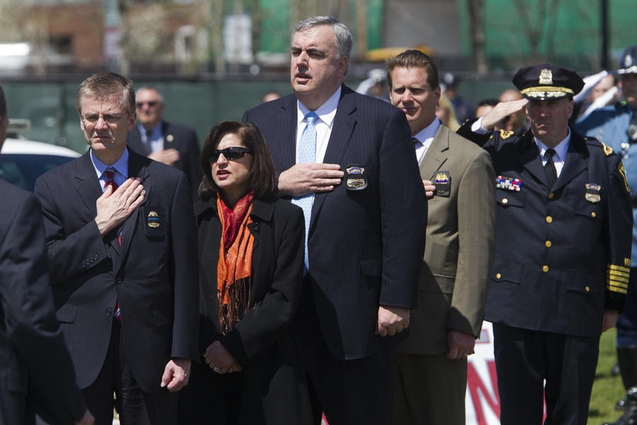 From left to right, Boston FBI chief Richard Deslauriers, U.S. District Attorney for Massachusetts Carmen Ortiz and Boston Police Commissioner Edward Davis were among the attendees Wednesday.