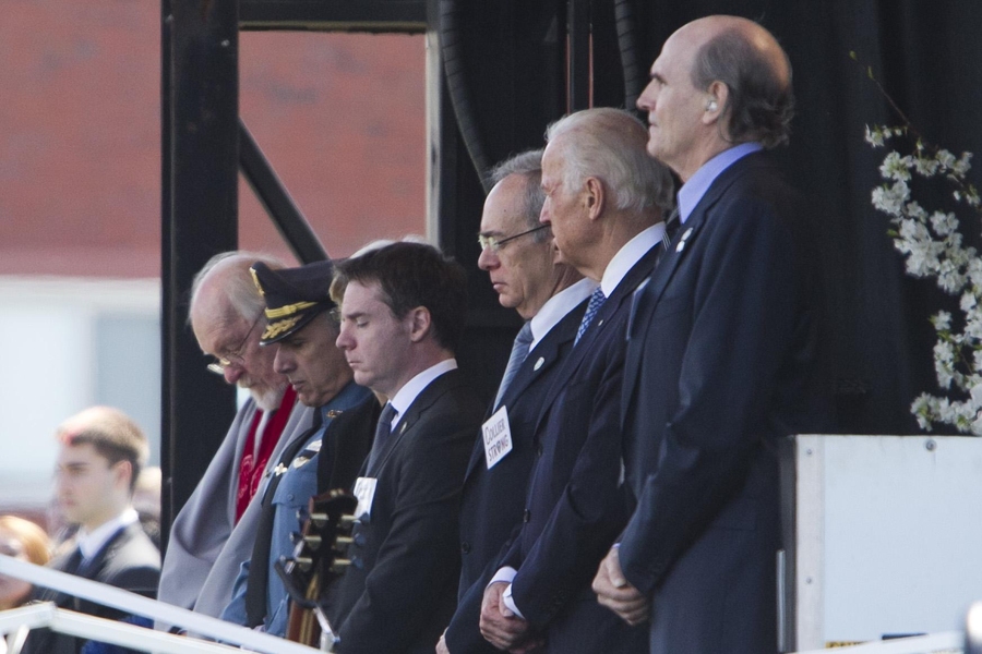 (From left): Chaplain to the Institute Robert Randolph, MIT Police Chief John DiFava, U.S. Sen. Elizabeth Warren (Mass.), MIT Executive Vice President and Treasurer Israel Ruiz, MIT President L. Rafael Reif, U.S. Vice President Joe Biden were among those who spoke at the event. James Taylor, far right, provided musical interludes during the event.