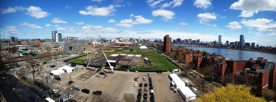 A panoramic image of the ceremony taken from MIT&#39;s Westgate dormitory.