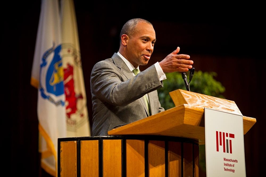 Mass. Gov. Deval Patrick speaks at an MIT Energy Initiative event held Thursday in Kresge Auditorium.