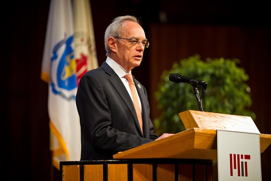 MIT President L. Rafael Reif speaks at the Earth Day event.