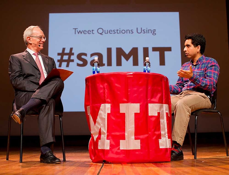 MIT President L. Rafael Reif, left, and Khan Academy's Sal Khan at Wednesday's event.