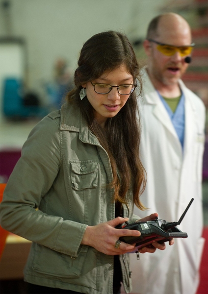 Aleksya Aguirre, a sophomore in mechanical engineering, operates her robot using a remote controller.